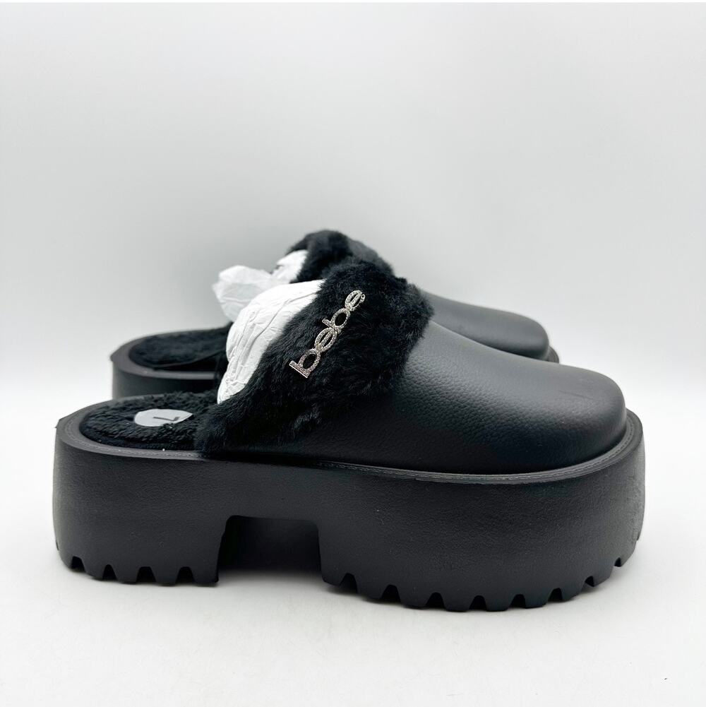 BEBE Women's Platform Slides Size 7 Black Faux Fur Collar Rhinestone Logo NWOB